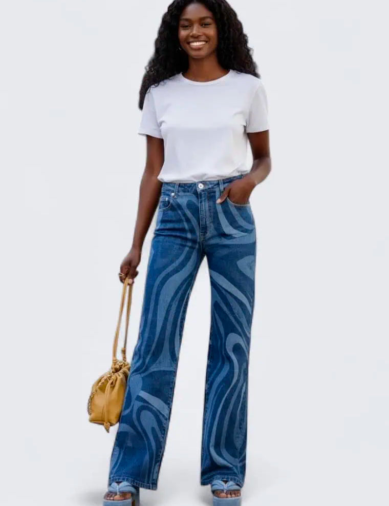 Water Ripples Print Wide Leg Jeans | Jeans Daverri Fashions