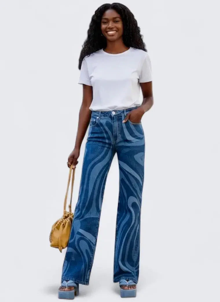 Water Ripples Print Wide Leg Jeans - DAVERRI FASHIONS