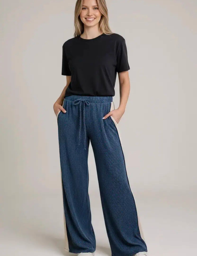 Heimish Contrast Stripe Straight Leg Bottoms Navy | Loungewear Pants Daverri Fashions