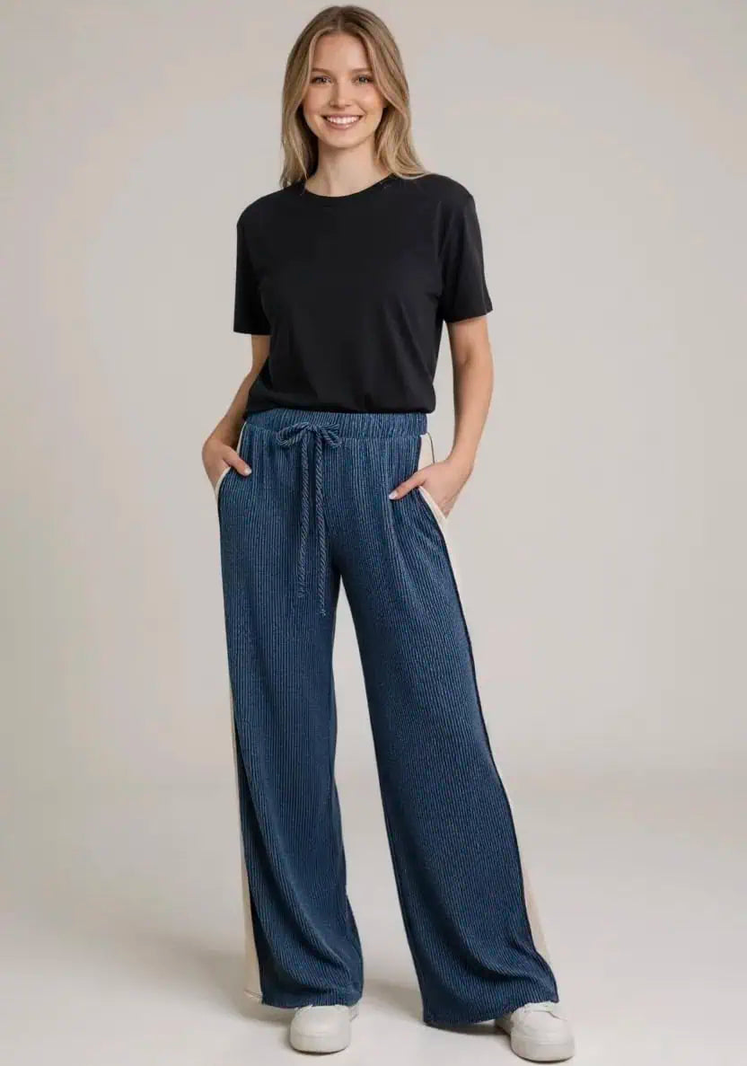 Heimish Contrast Stripe Straight Leg Bottoms Navy | Loungewear Pants Daverri Fashions