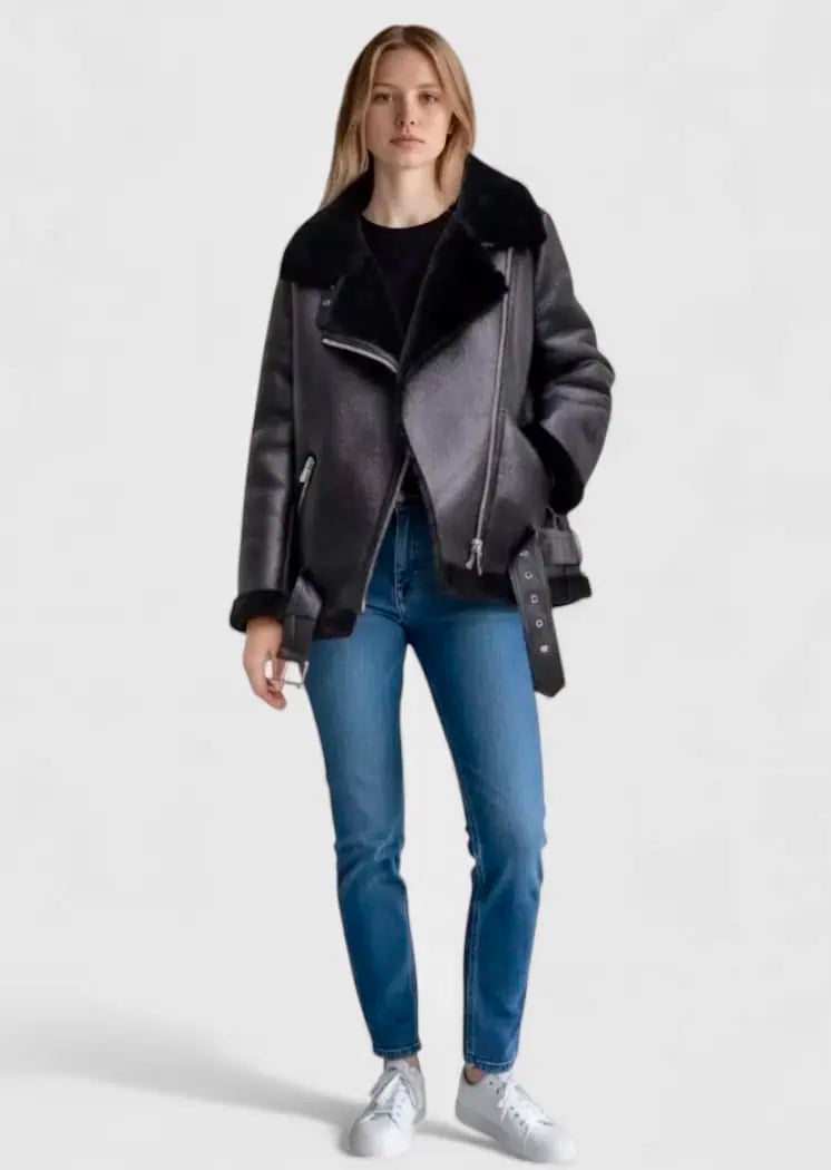 Vegan Shearling Lined Faux Leather Biker Jacket | Jackets Daverri Fashions
