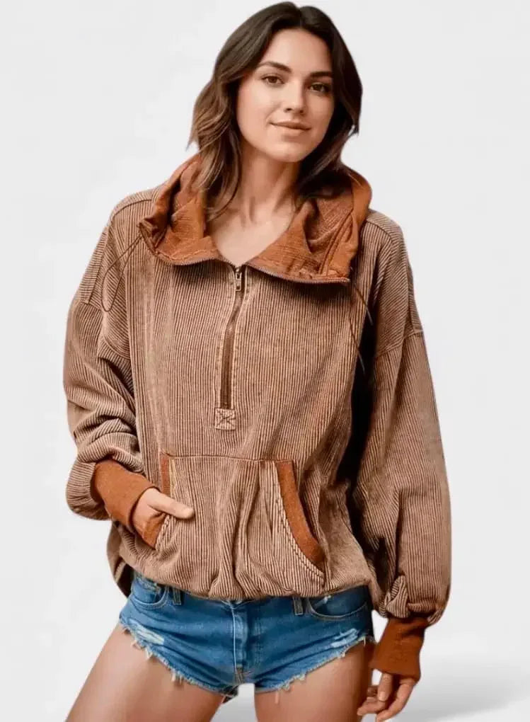 Drawstring Half Zip Long Sleeve Hoodie - DAVERRI FASHIONS