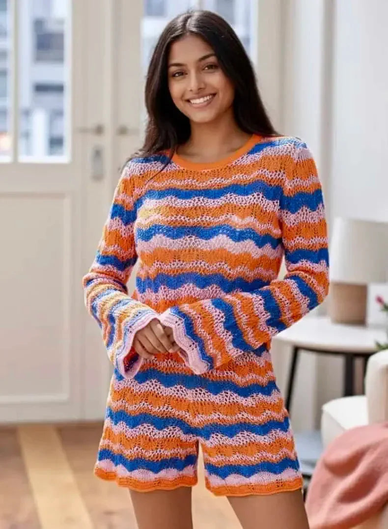 Striped Sweater and Knit Shorts Set - DAVERRI FASHIONS