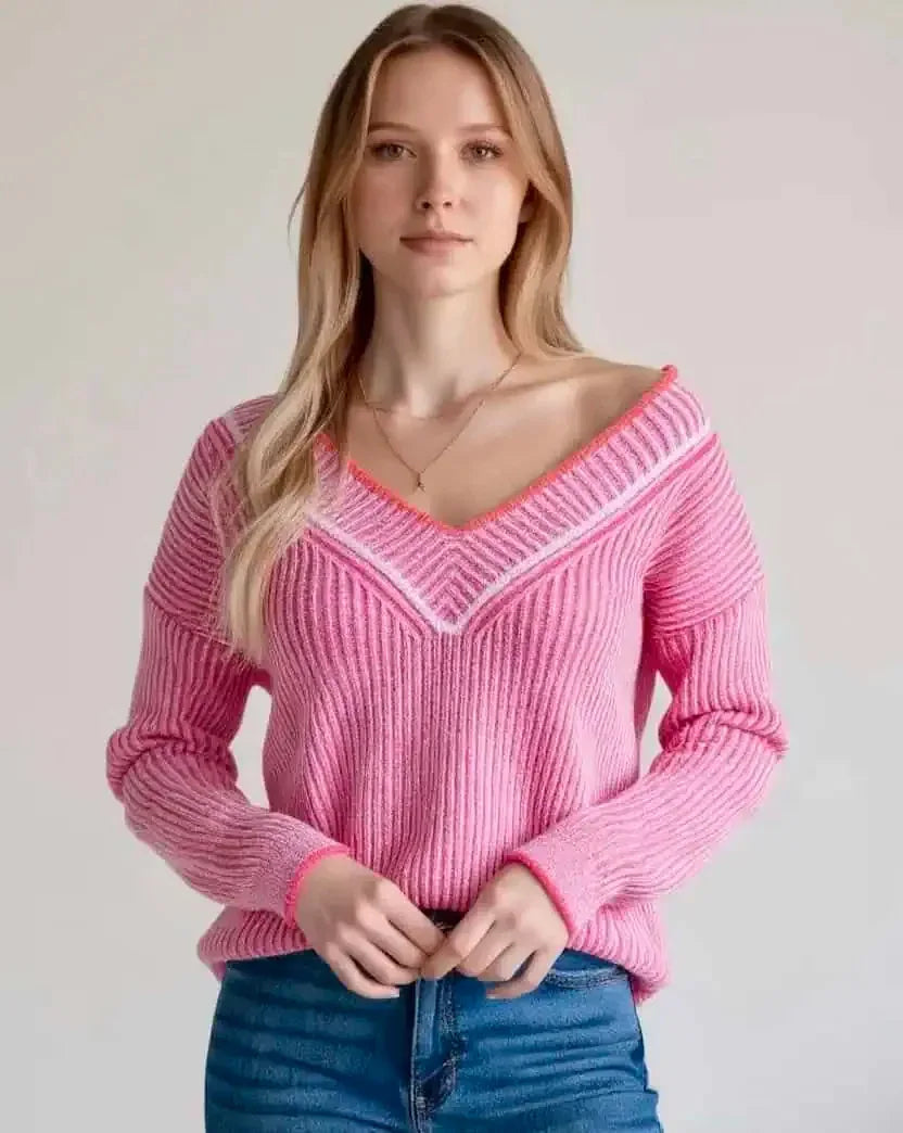Striped V-Neck Long Sleeve Sweater - DAVERRI FASHIONS