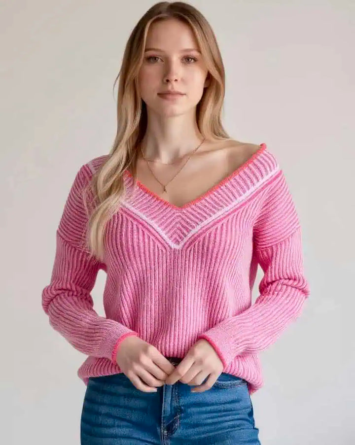 Striped V-Neck Long Sleeve Sweater
