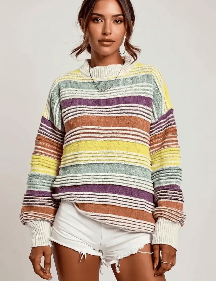 Rainbow Striped Drop Shoulder Oversized Sweater | Sweaters Daverri Fashions