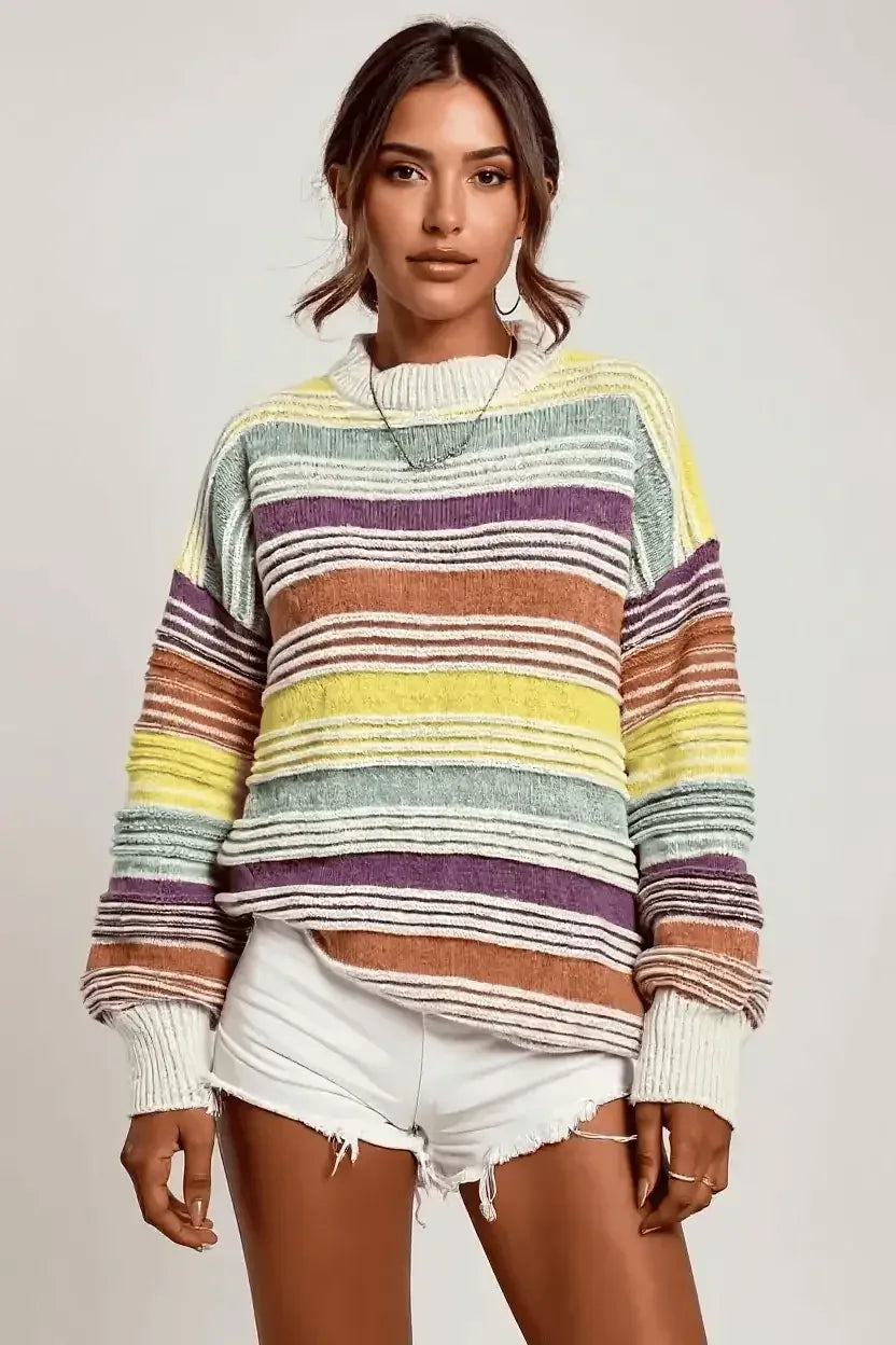 Rainbow Striped Drop Shoulder Oversized Sweater - DAVERRI FASHIONS