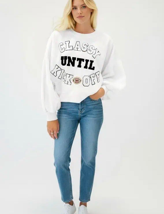 CLASSY UNTIL KICKOFF Plush Letter Patched Loose Sweatshirt | Sweatshirts Daverri Fashions
