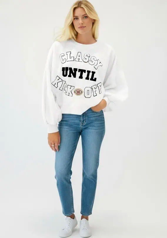 CLASSY UNTIL KICKOFF Plush Letter Patched Loose Sweatshirt