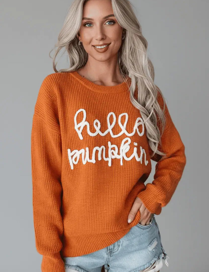 Hello Pumpkin Round Neck Long Sleeve Sweater | Sweaters Daverri Fashions