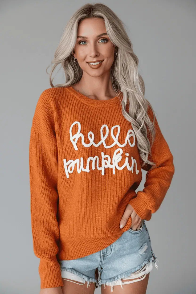 Hello Pumpkin Round Neck Long Sleeve Sweater | Sweaters Daverri Fashions