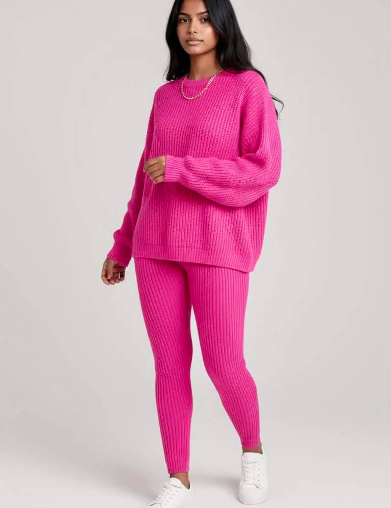 Ribbed Knit Loose Pullover Sweater and Drawstring Pants Set | Loungewear Sets Daverri Fashions