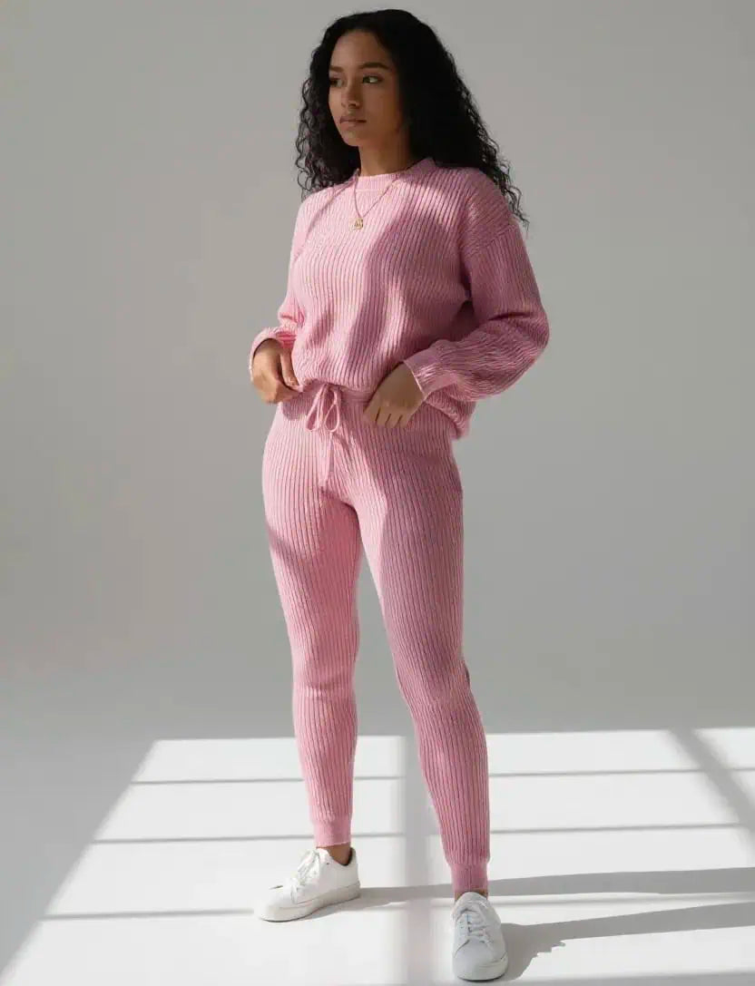 Ribbed Knit Loose Pullover Sweater and Drawstring Pants Set | Loungewear Sets Daverri Fashions