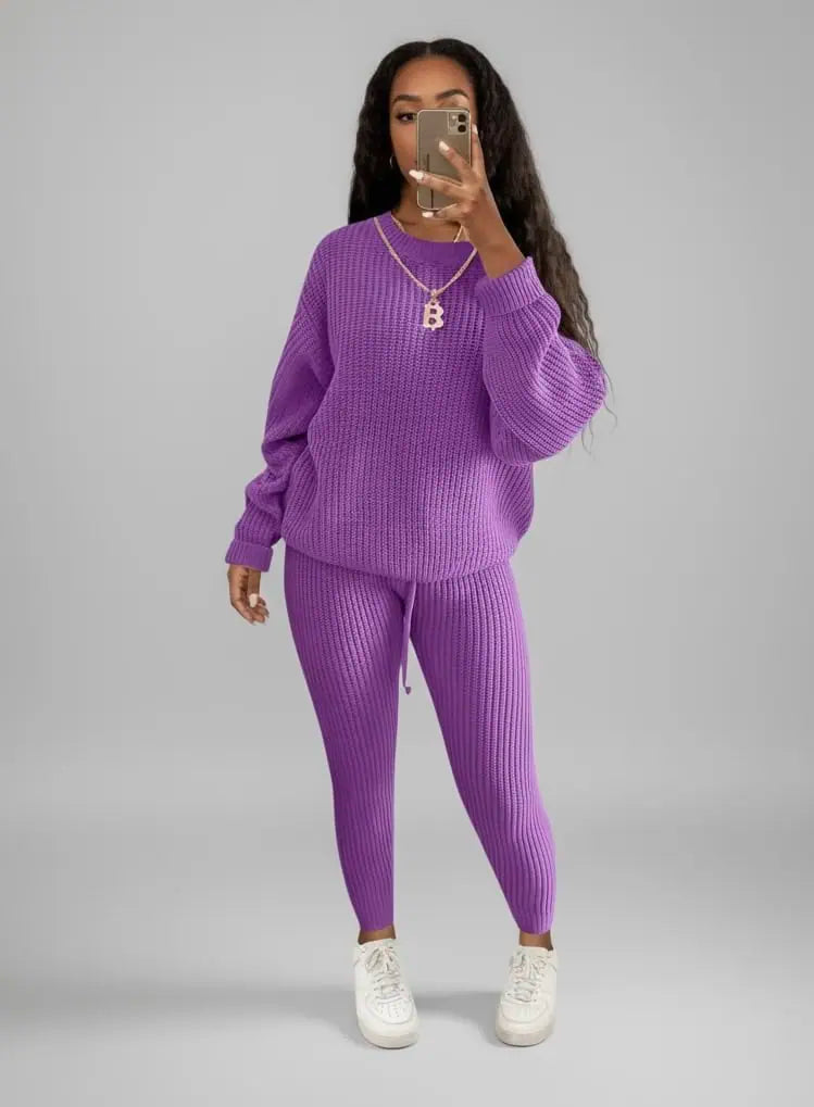 Ribbed Knit Loose Pullover Sweater and Drawstring Pants Set | Loungewear Sets Daverri Fashions