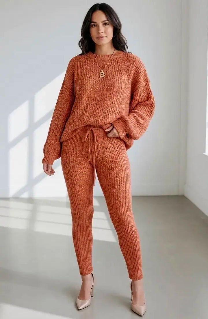 Ribbed Knit Loose Pullover Sweater and Drawstring Pants Set | Loungewear Sets Daverri Fashions
