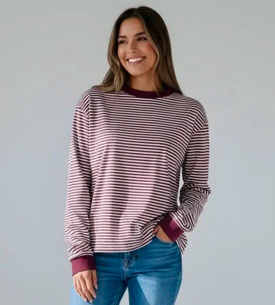 Striped Oversized Round Neck Sweatshirt | Sweatshirts Daverri Fashions