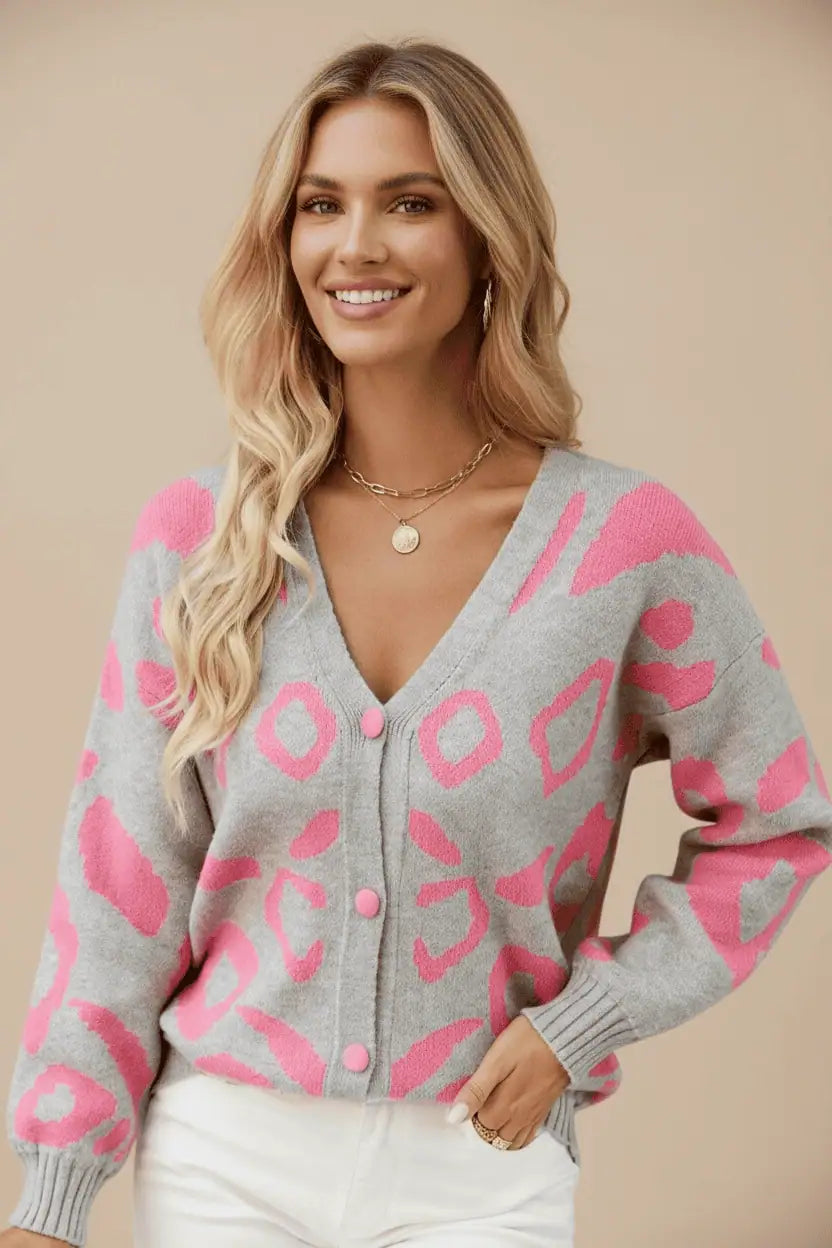 Leopard Print V-neck Long Sleeve Button Down Cardigan | Cardigans Daverri Fashions