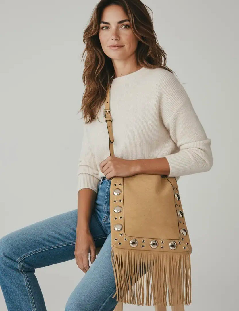 Faux Suede Grommet Accent Fringe Tote Bag Taupe | Daverri Fashions