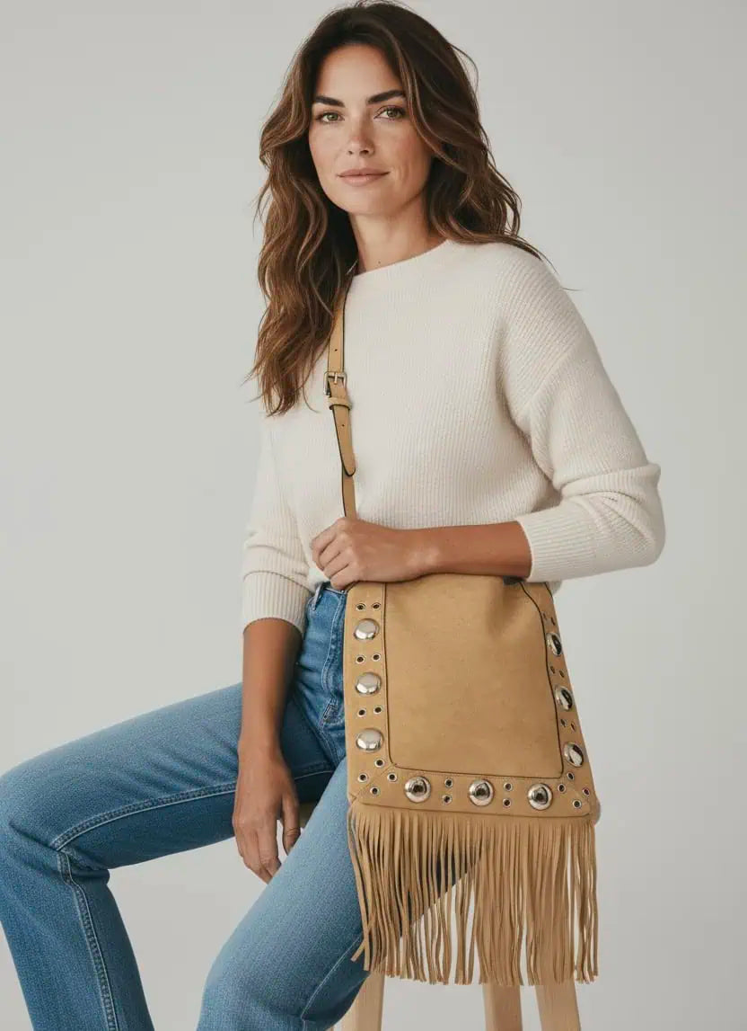 Faux Suede Grommet Accent Fringe Tote Bag Taupe | Daverri Fashions