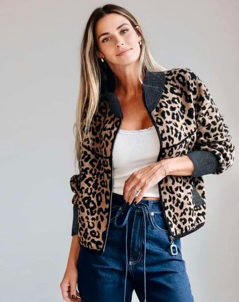 Leopard Zip Up Long Sleeve Jacket | Jackets Daverri Fashions