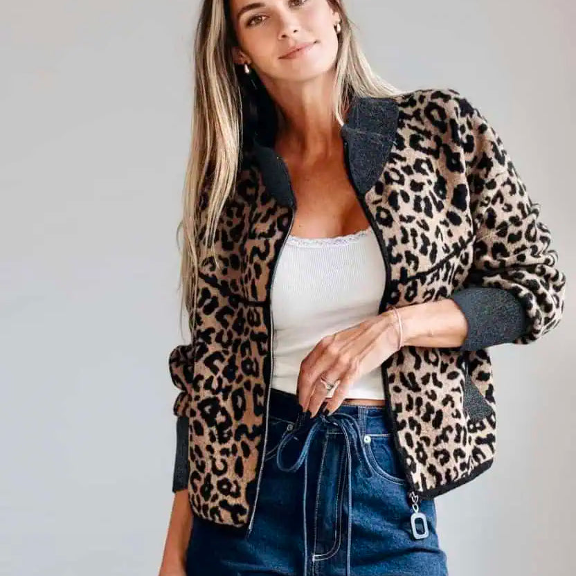 Leopard Zip Up Long Sleeve Jacket | Jackets Daverri Fashions
