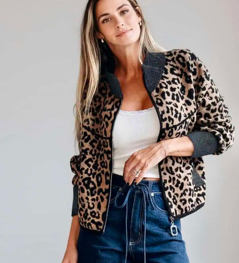 Leopard Zip Up Long Sleeve Jacket | Jackets Daverri Fashions