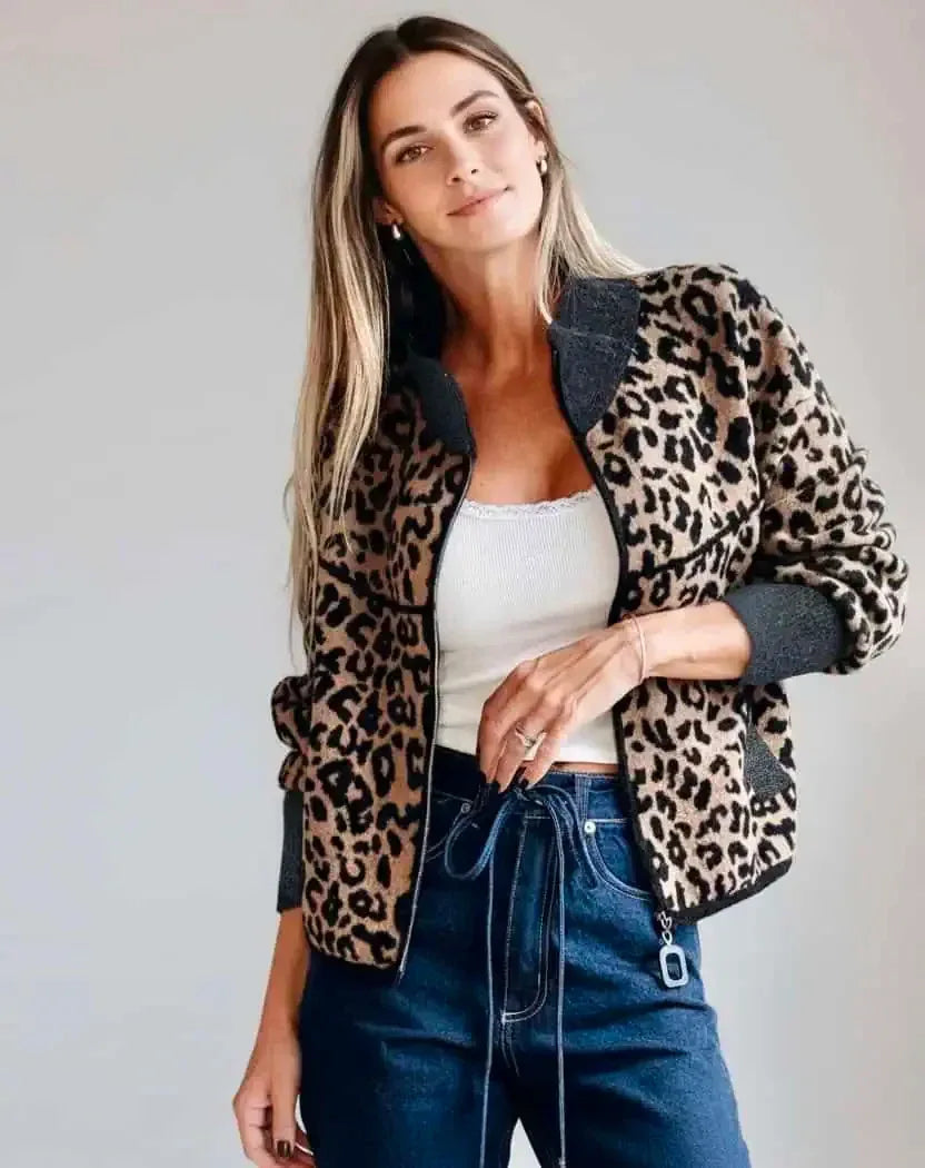 Daverri Fashions Leopard Zip Up Long Sleeve Jacket - DAVERRI FASHIONS