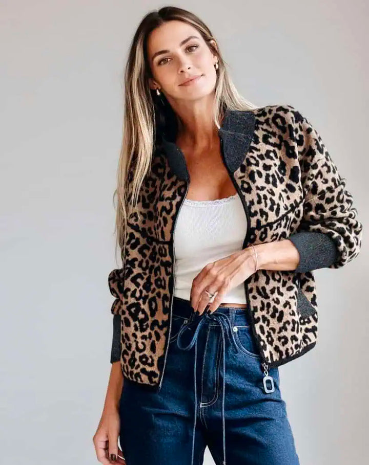 Woman wearing leopard print jacket
