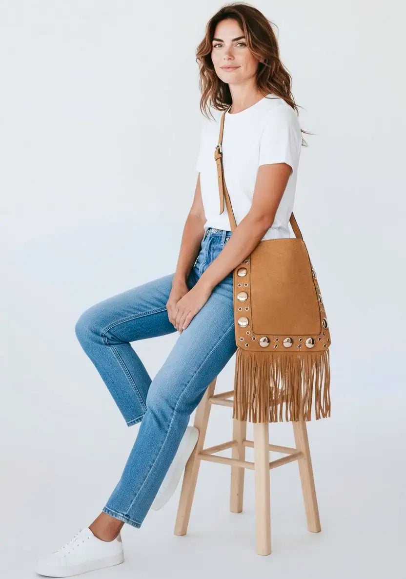 Faux Suede Grommet Accent Fringe Tote Bag Light Brown | Handbags Daverri Fashions