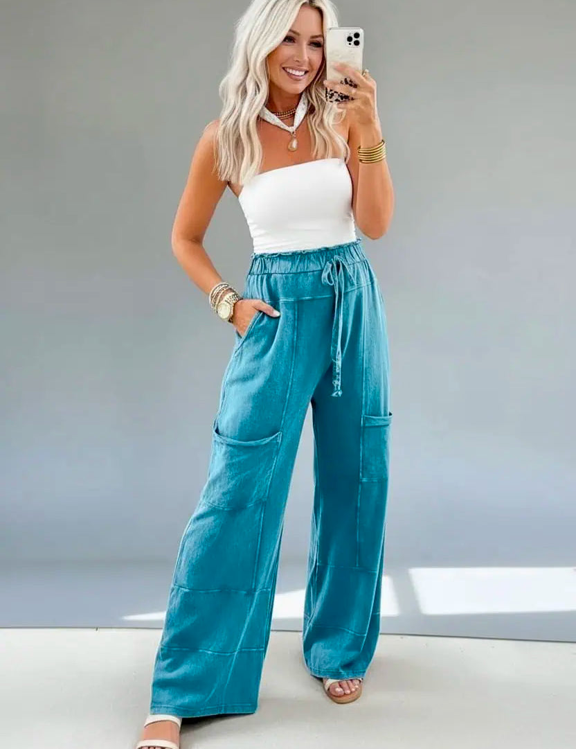 Mineral Wash High Waist Patched Pocket Pants | Pants Daverri Fashions