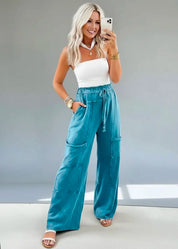 Mineral Wash High Waist Patched Pocket Pants | Pants Daverri Fashions