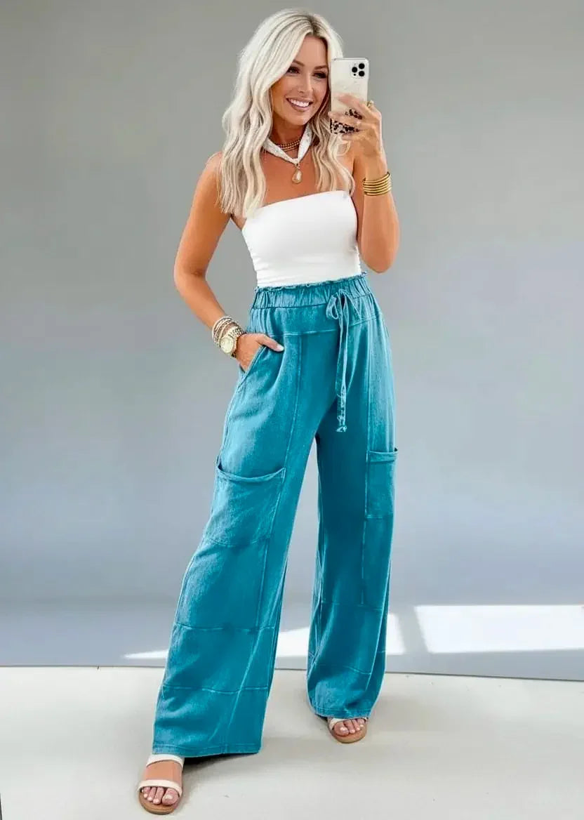 Mineral Wash High Waist Patched Pocket Pants - DAVERRI FASHIONS