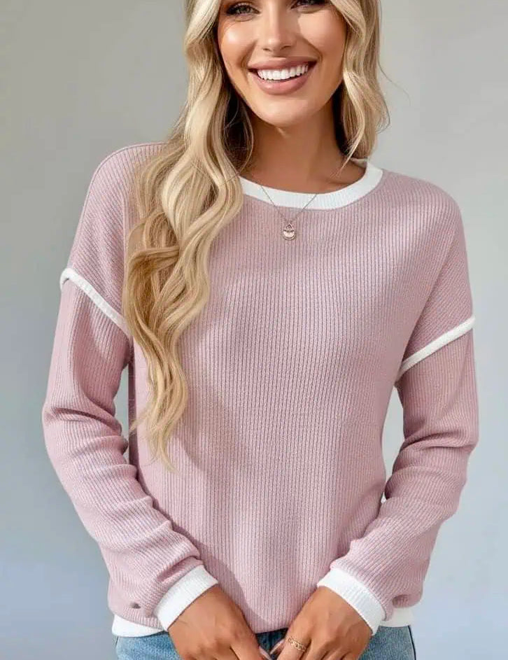 Ribbed Contrast Trim Long Sleeve Top | Knit Tops Daverri Fashions