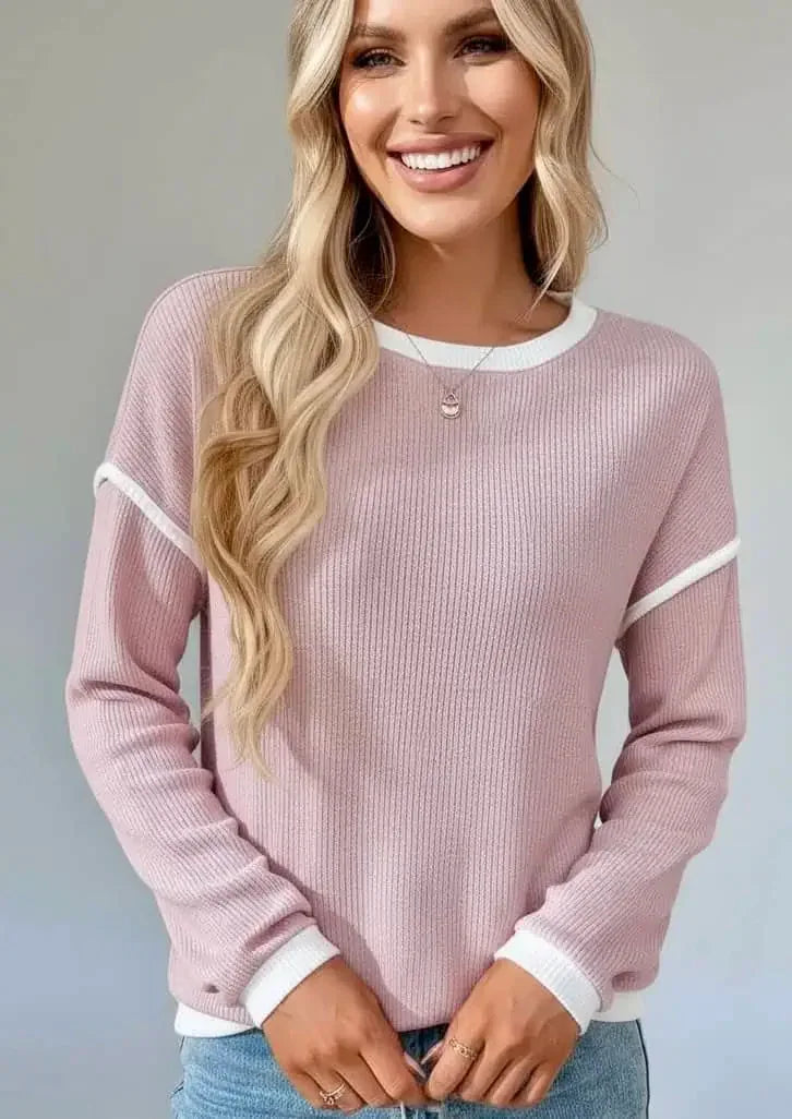 Ribbed Contrast Trim Long Sleeve Top - DAVERRI FASHIONS