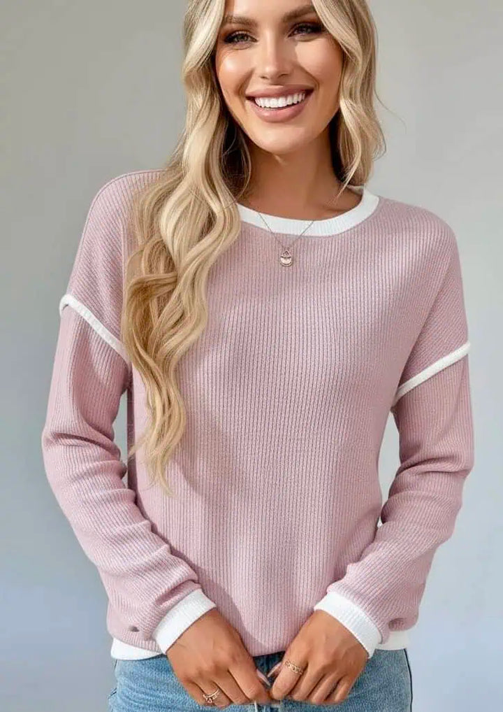 Ribbed Contrast Trim Long Sleeve Top | Knit Tops Daverri Fashions