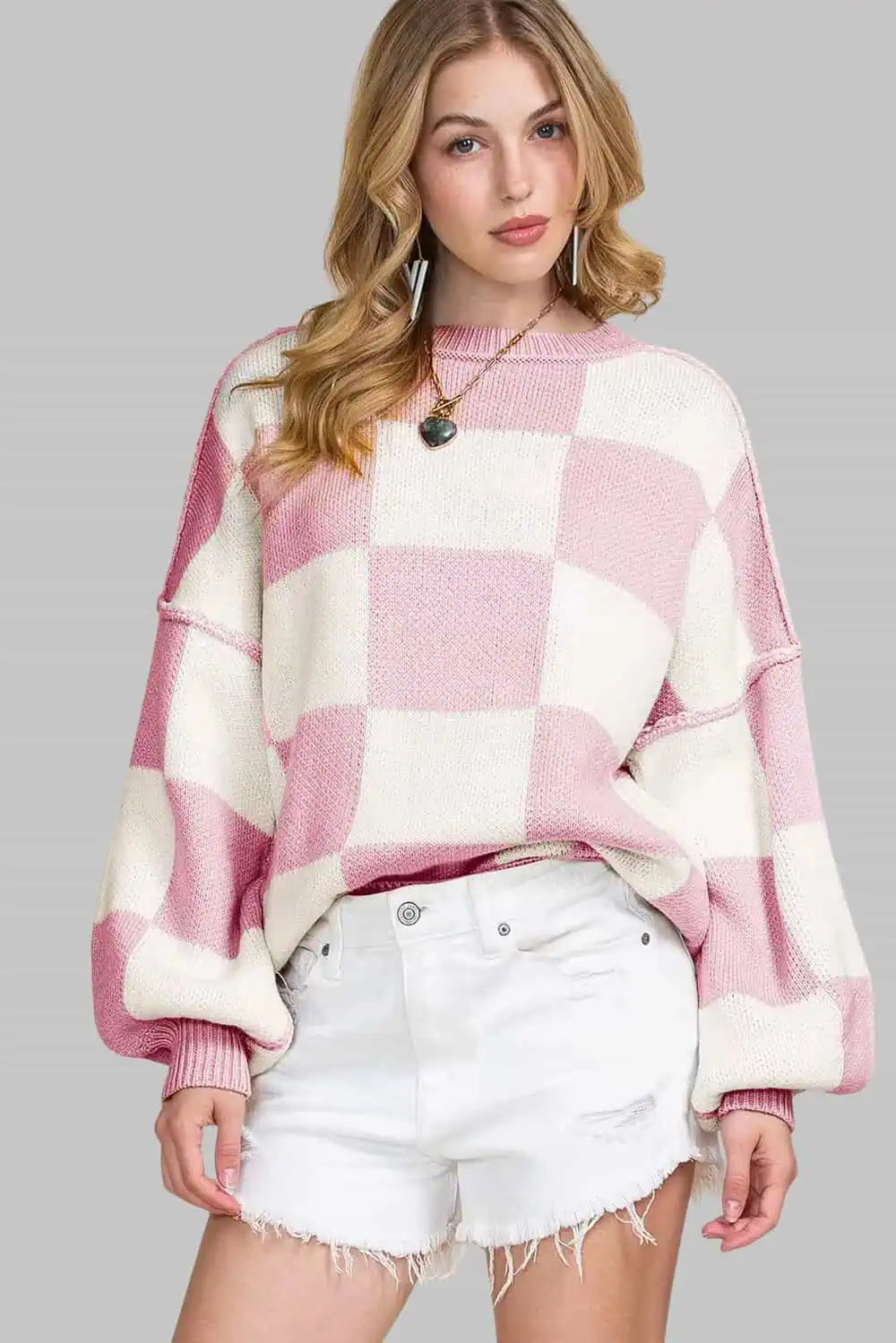 Checkered Bishop Sleeve Sweater | Sweaters Daverri Fashions