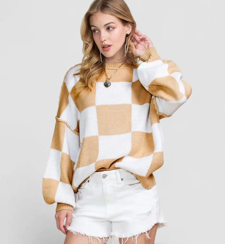 Checkered Bishop Sleeve Sweater | Sweaters Daverri Fashions
