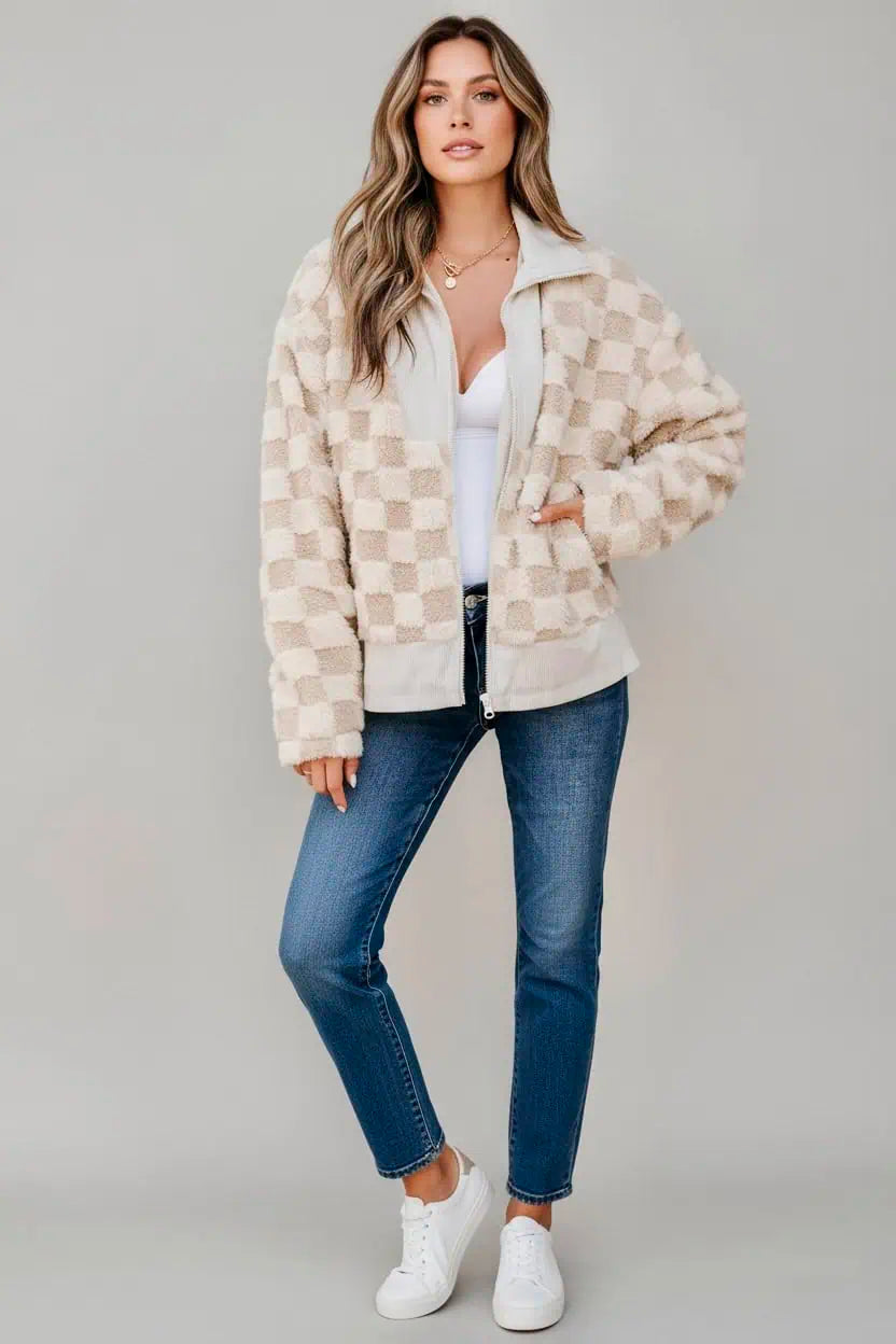 Checker Sherpa Corduroy Patchwork Zip Up Jacket | Jackets Daverri Fashions