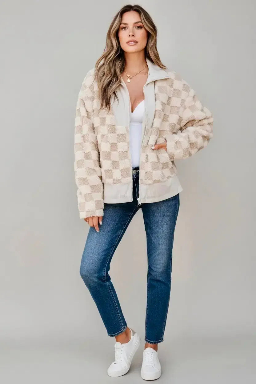 Checker Sherpa Corduroy Patchwork Zip Up Jacket - DAVERRI FASHIONS