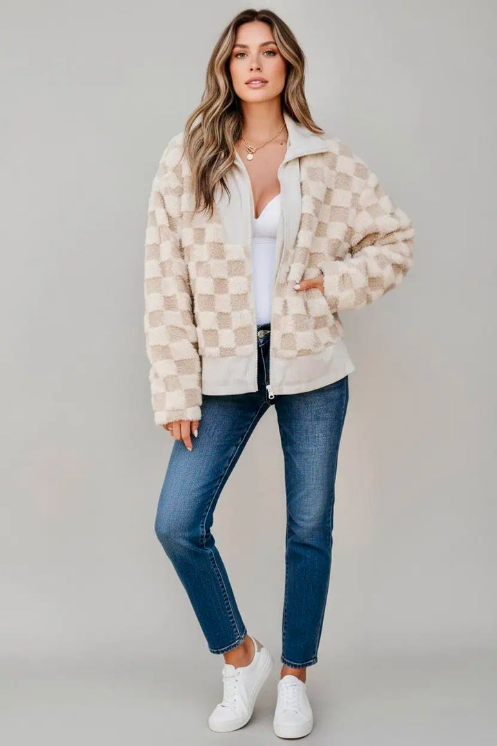 Checker Sherpa Corduroy Patchwork Zip Up Jacket | Jackets Daverri Fashions