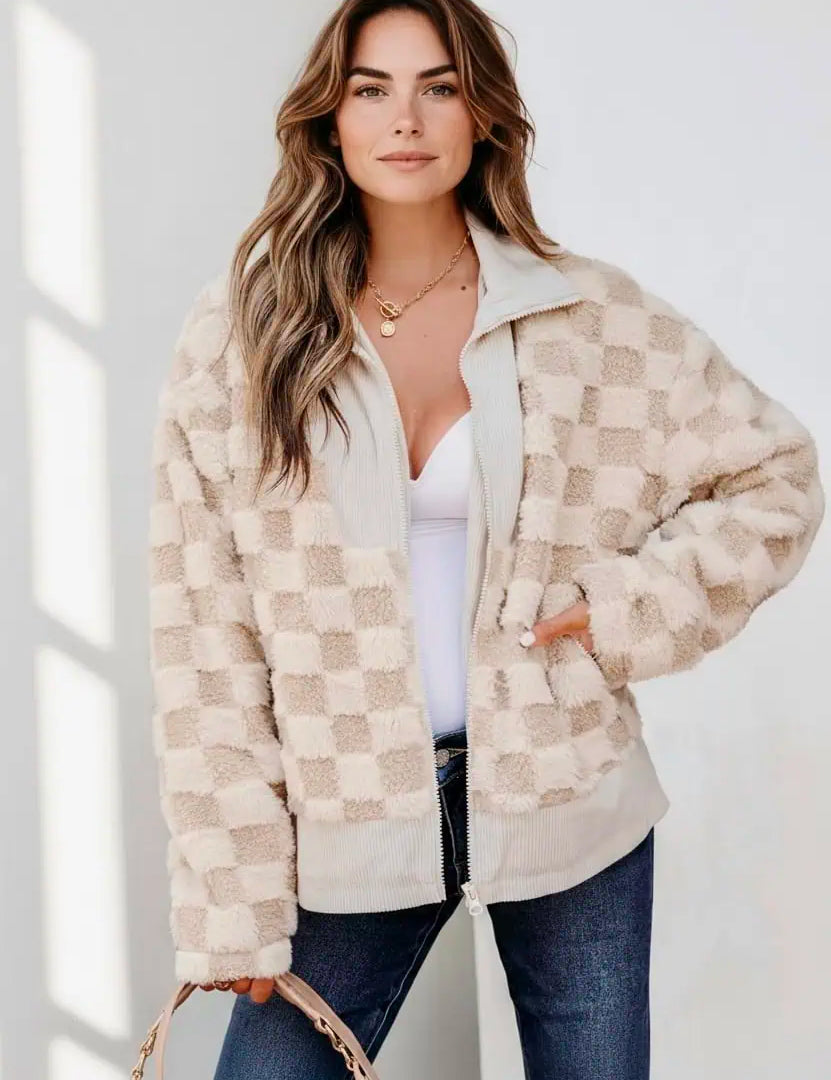 Checker Sherpa Corduroy Patchwork Zip Up Jacket | Jackets Daverri Fashions