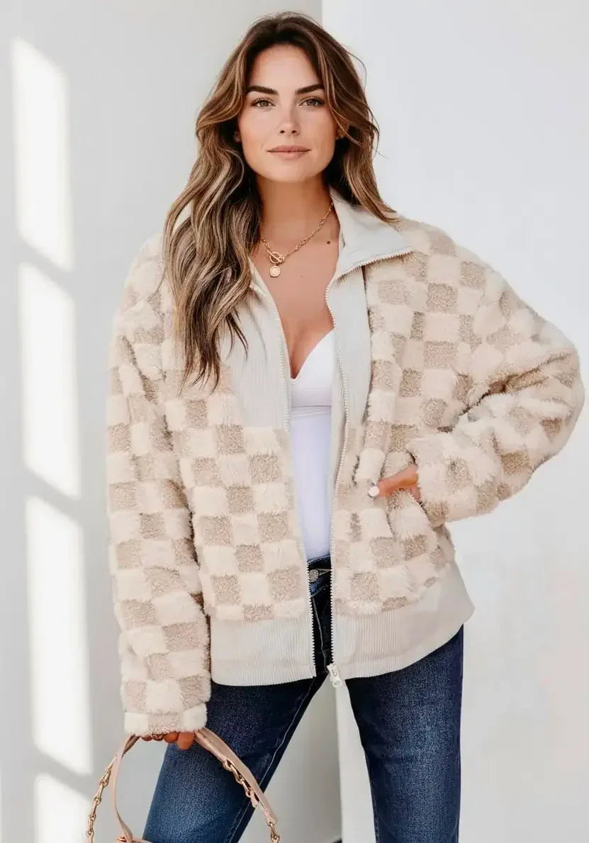 Checker Sherpa Corduroy Patchwork Zip Up Jacket - DAVERRI FASHIONS
