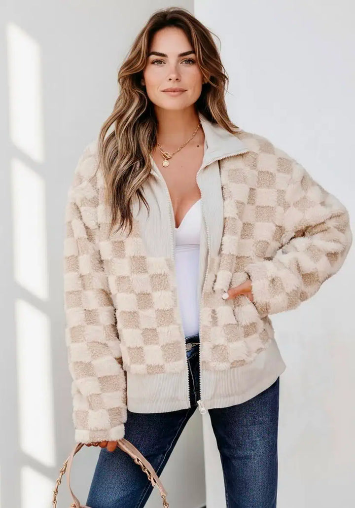 Checker Sherpa Corduroy Patchwork Zip Up Jacket | Jackets Daverri Fashions