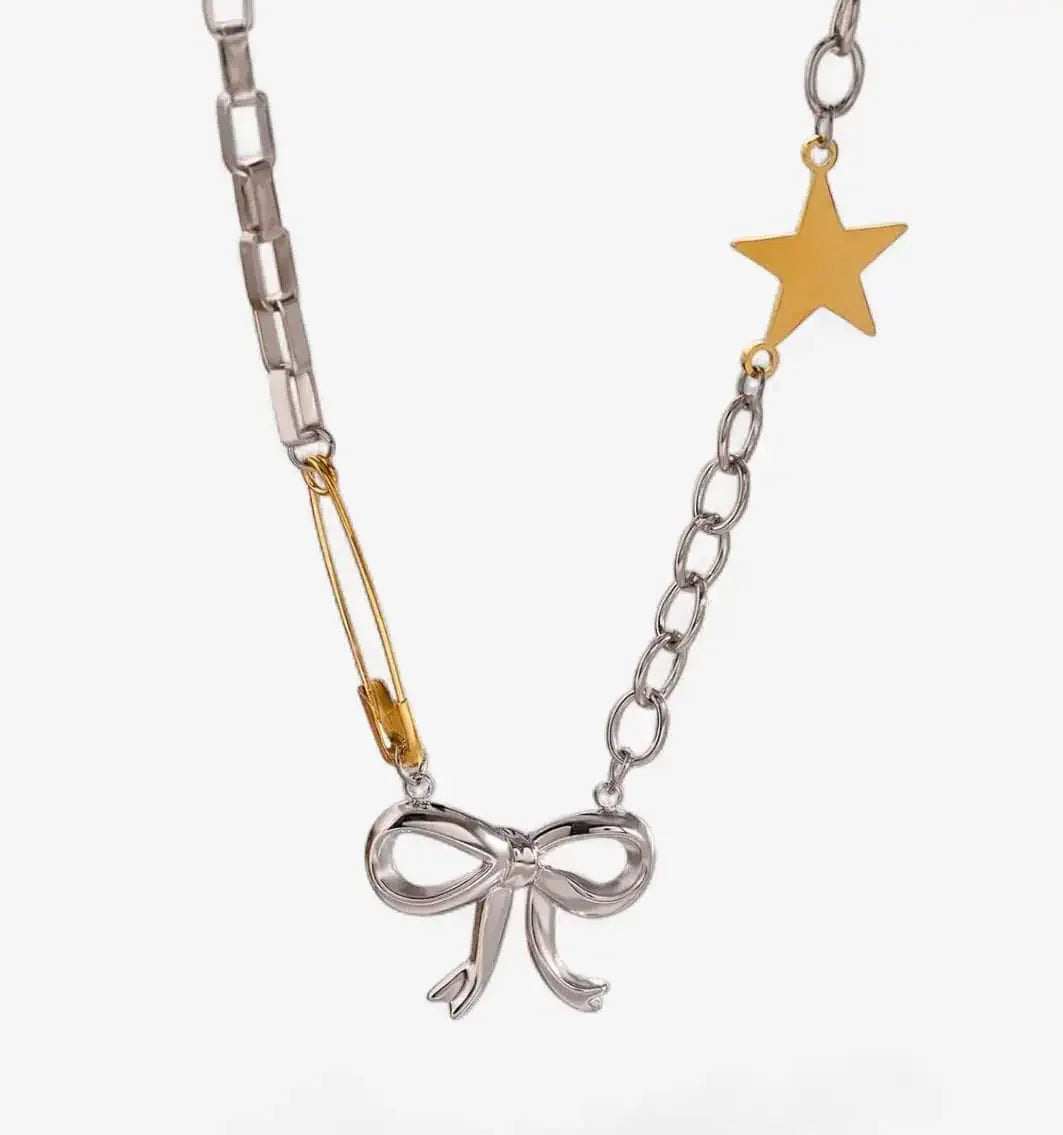 Two-Tone Stainless Steel Bow Star Necklace - DAVERRI FASHIONS