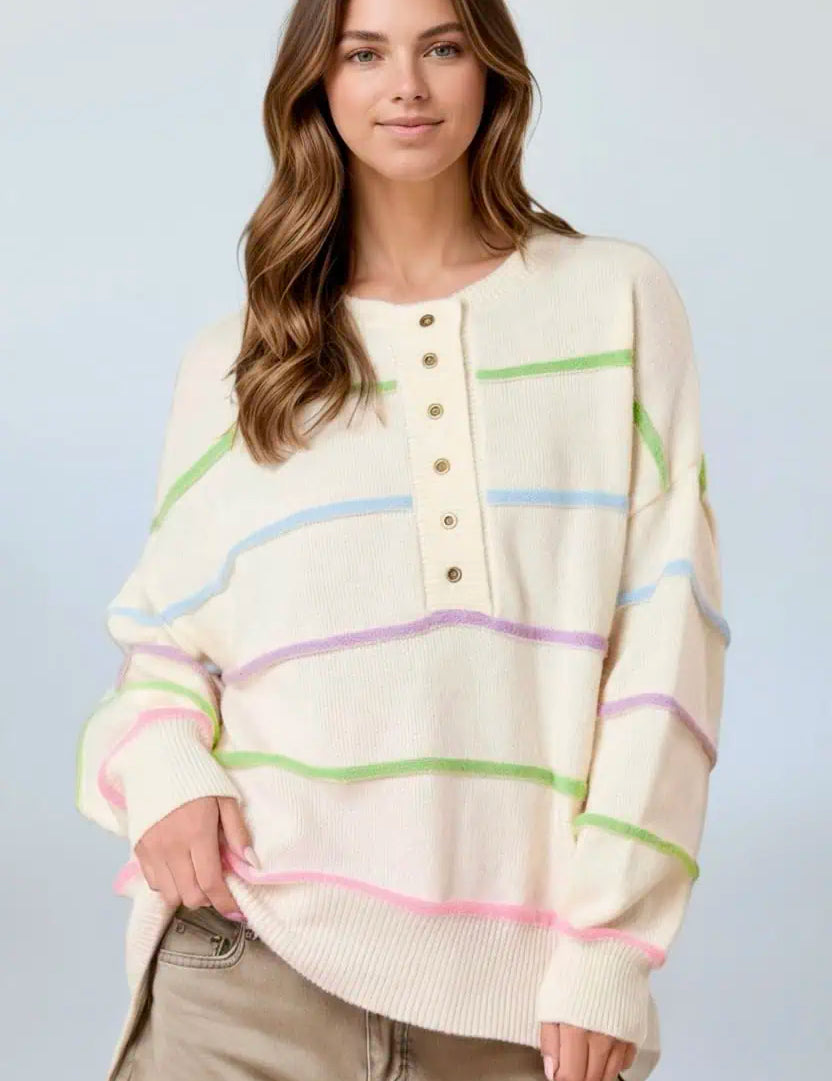Contrast Striped Half Button Round Neck Sweater | Sweaters Daverri Fashions