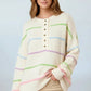 Contrast Striped Half Button Round Neck Loose Fit Sweater - DAVERRI FASHIONS