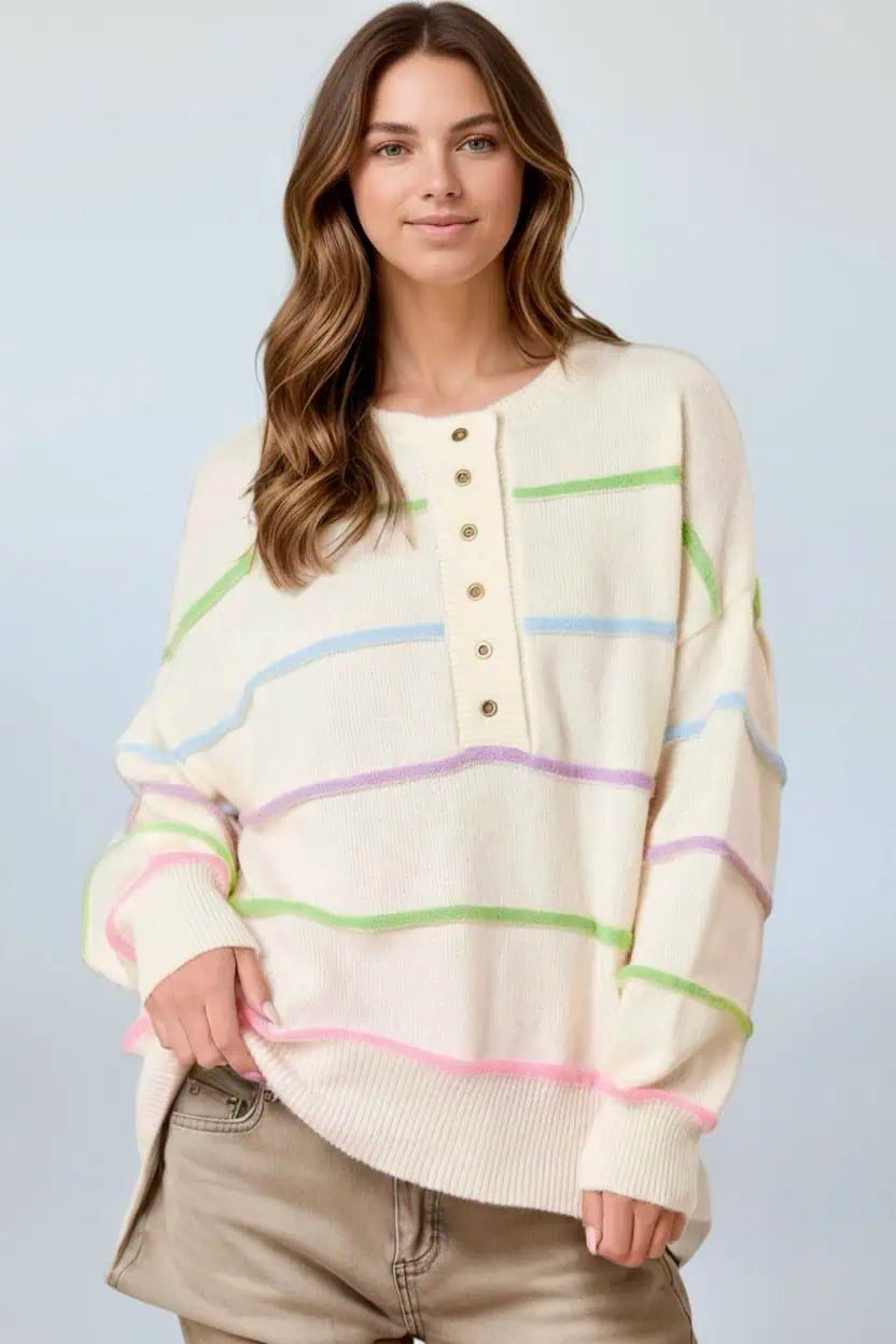 Contrast Striped Half Button Round Neck Sweater | Sweaters Daverri Fashions