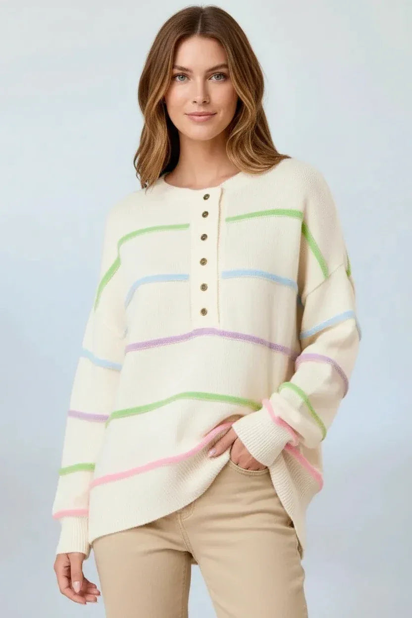 Contrast Striped Half Button Round Neck Loose Fit Sweater - DAVERRI FASHIONS