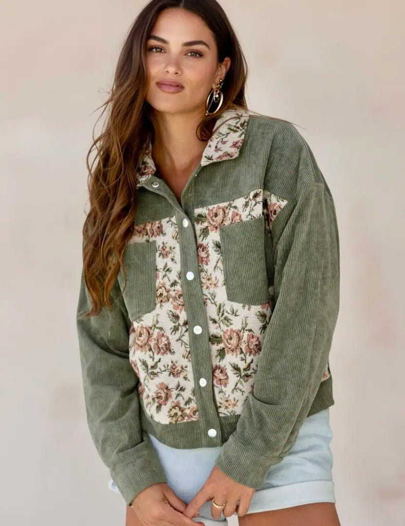 Floral Snap Down Corduroy Jacket | Jackets Daverri Fashions