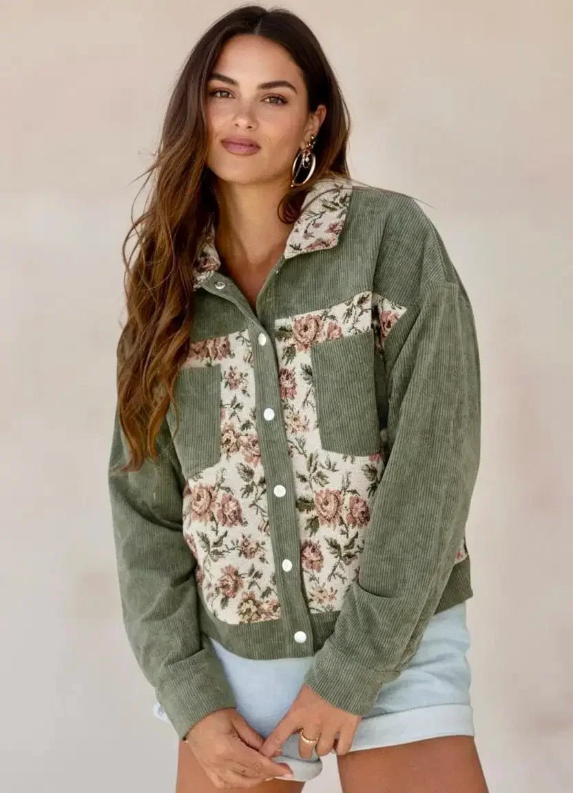 Floral Snap Down Corduroy Jacket - DAVERRI FASHIONS
